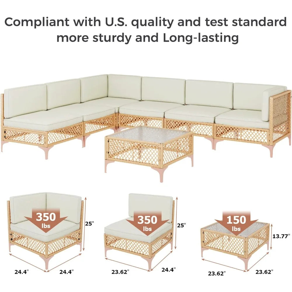 Outdoor Patio Furniture Set, Wicker Outdoor Sectional Set, Boho Patio Conversation Sectional Sofa with Large Tempered Glass Cof