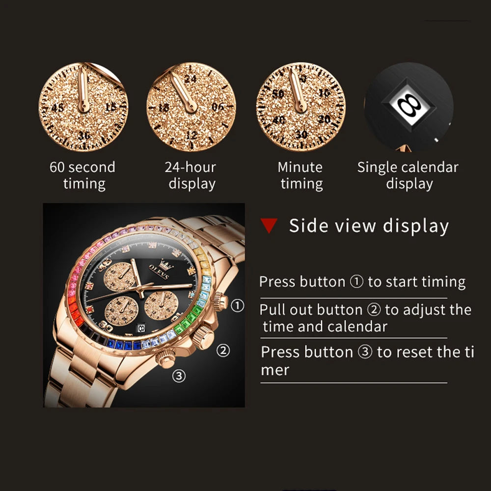 Stainless Steel Watch Rainbow Gemstone Bezel — Rose Gold | KIMLUD
