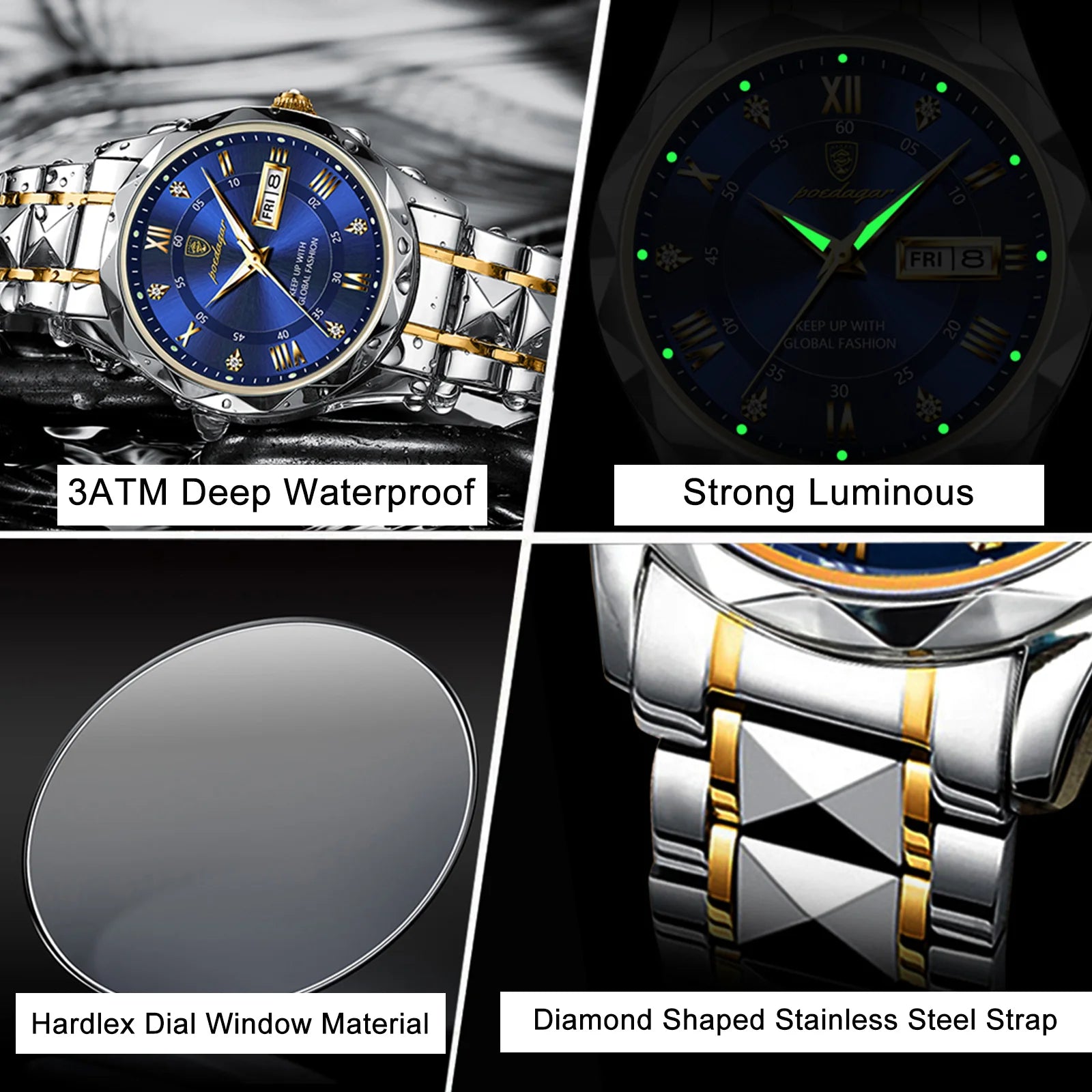 POEDAGAR Luxury Men's Watches Waterproof Luminous Date Week Watch For Man Stainless Steel Quartz Casual Men Wristwatch+Box Gift