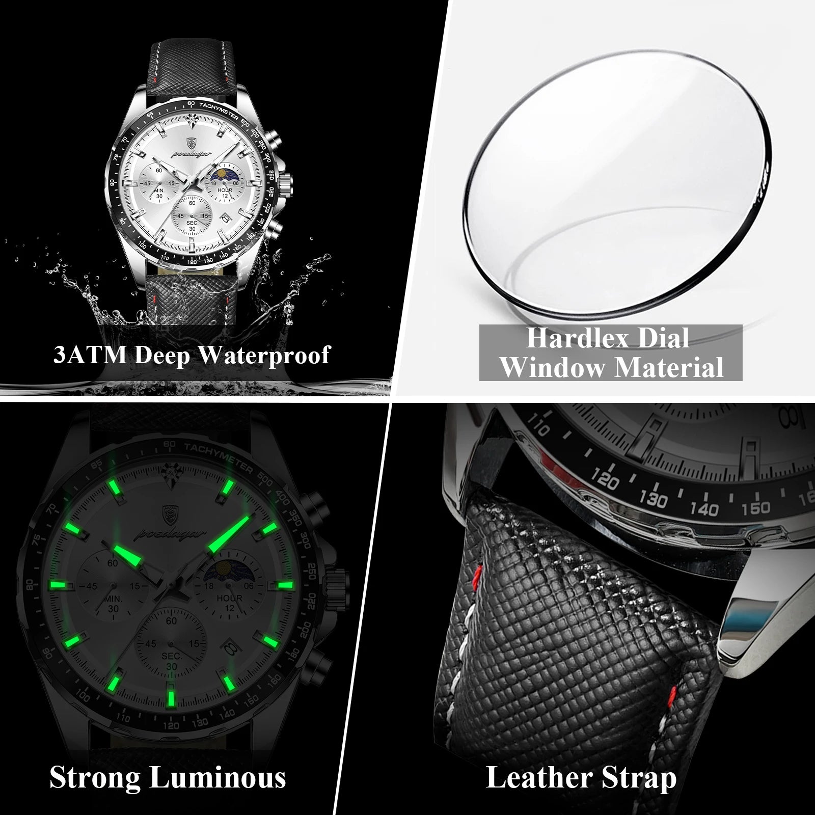 Leather Watch Chronograph Luminous Hands Date Waterproof 3ATM Sport Casual — Silver | KIMLUD