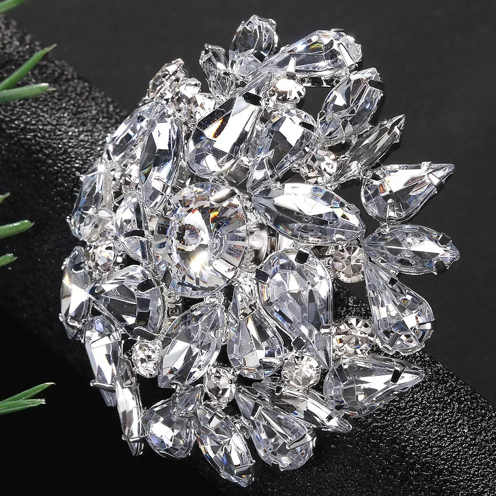 Round Geometric Rhinestone Clip Earrings Wedding Bling — Gold | KIMLUD