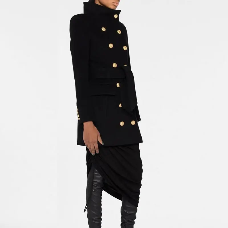 KIMLUD, Women New Winter Black Wool Coat Gold Double Breasted Long Sleeve Coat, KIMLUD Womens Clothes