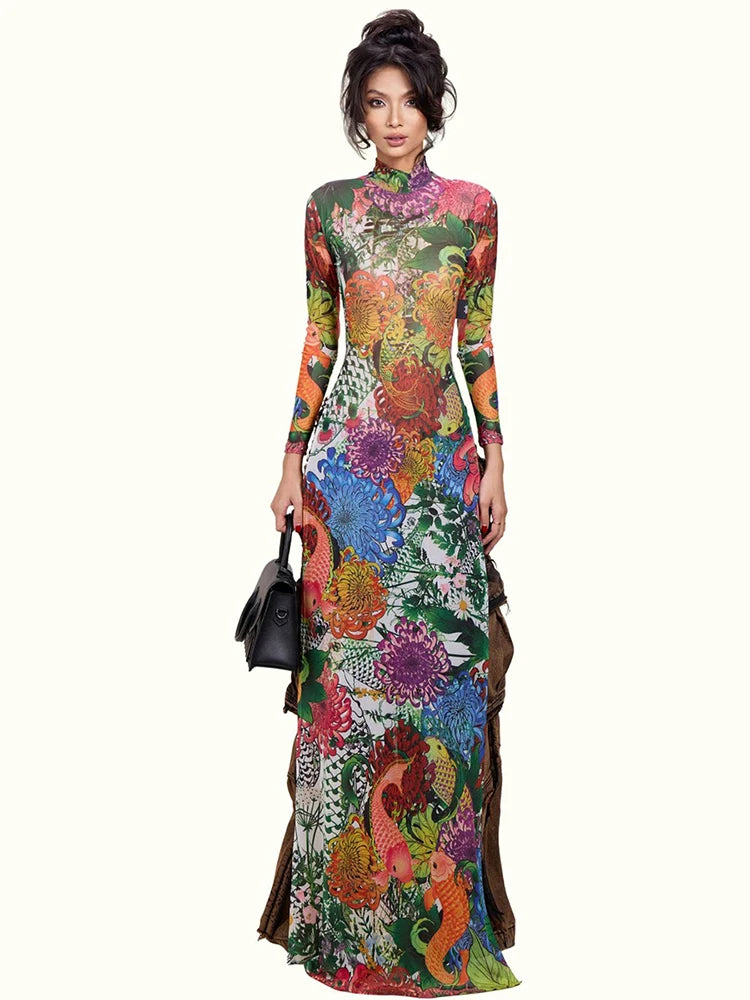 Polyester T Shirt Floral Print Long Sleeve High Collar — Multicolor | KIMLUD