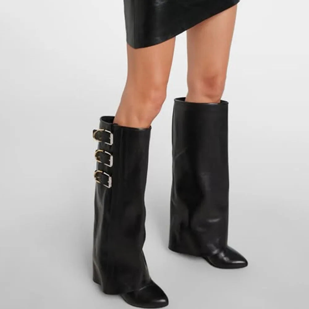 Sexy Fashion Women Fold Over Boots Pointed Toe Chunky Heels Multiple Metal Buckles Knee High Boots Nightclub Luxury Shoes
