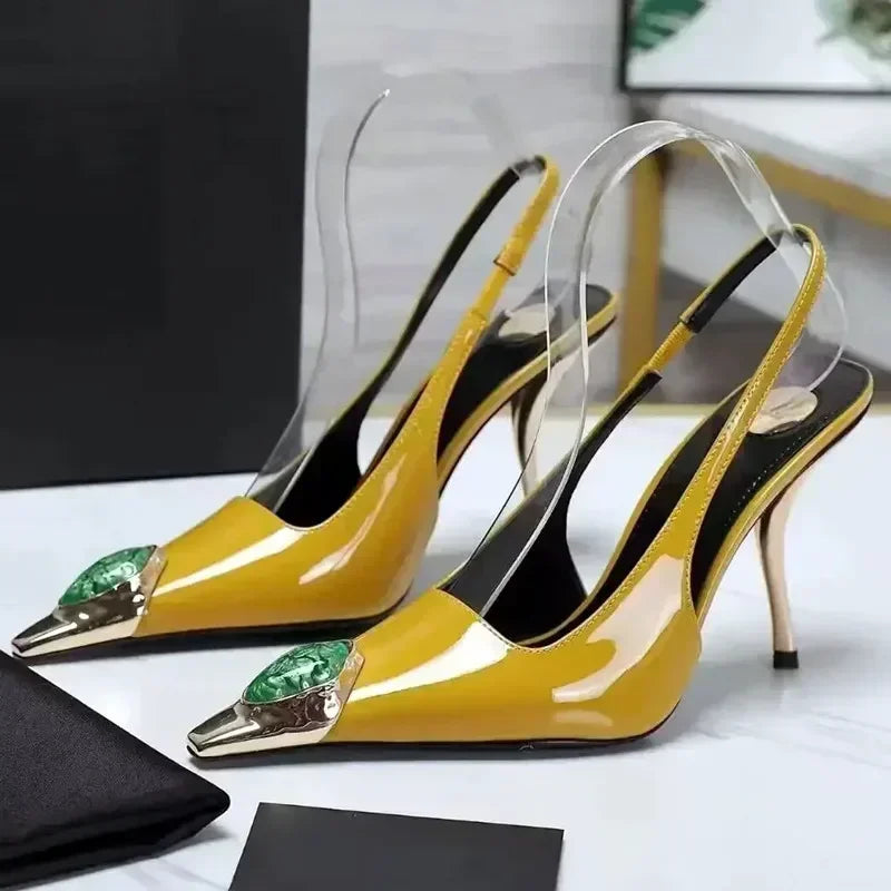 Metal Jewel Decoration Heels Pointed Toe Patent Leather — Black | KIMLUD