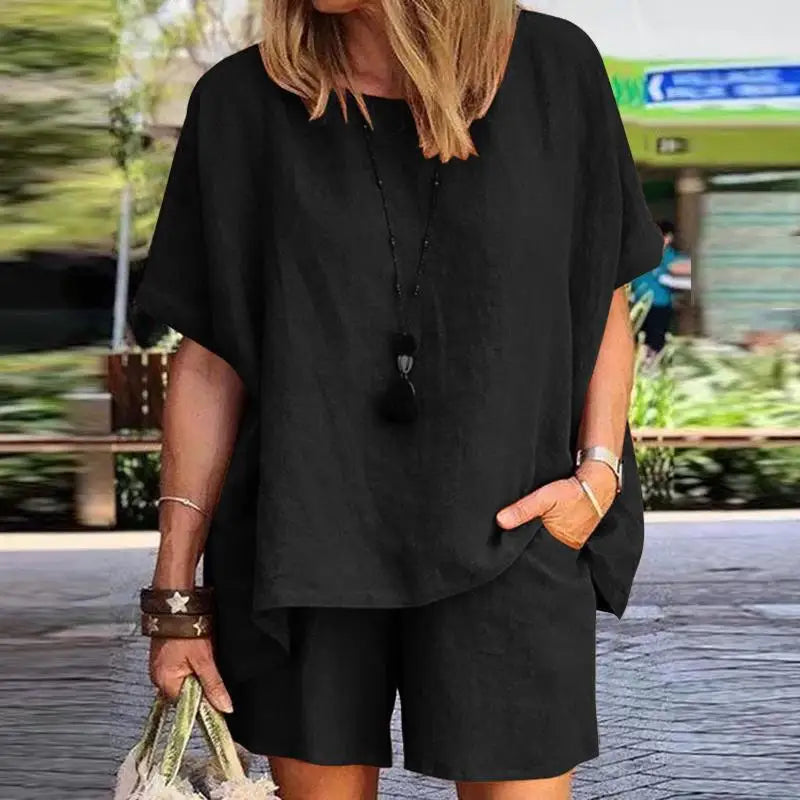Cotton-Linen Two-Piece Set Plus Size Relaxed-Fit Short-Sleeve Top And Shorts — Steel-Blue | KIMLUD