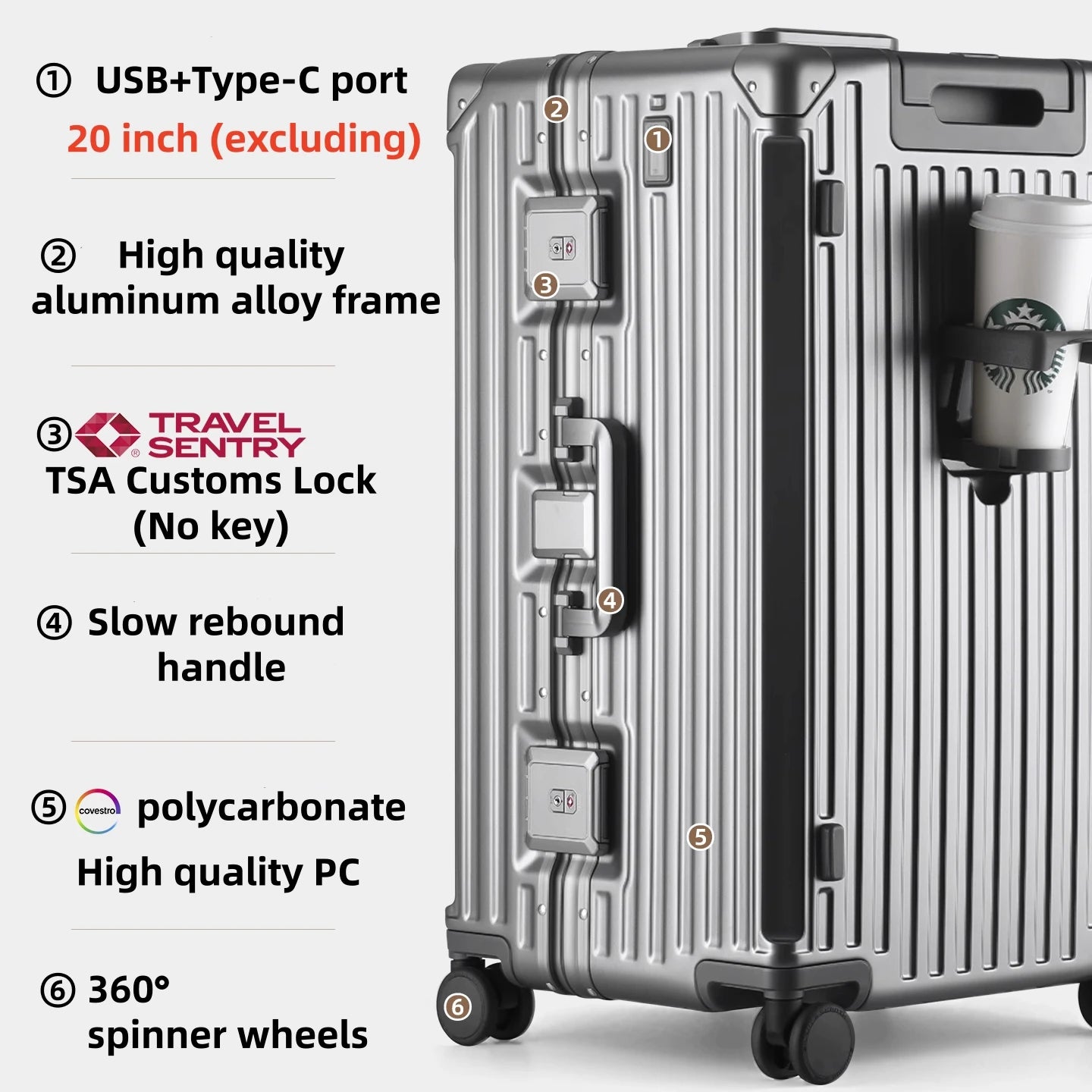 PC Material Rolling Luggage Aluminum Frame — Black | KIMLUD