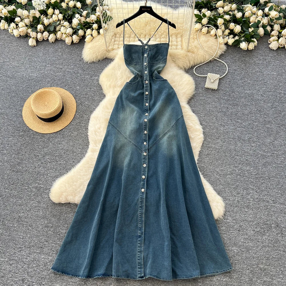 Denim-Inspired Polyester Long Dress Strapless A-Line Silhouette With Sculpted Draping — Blue | KIMLUD