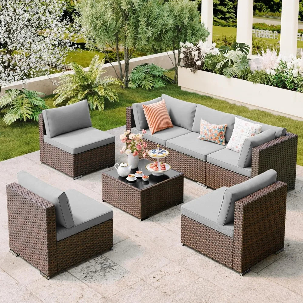 7 Pieces Outdoor Patio Furniture Set, PE Rattan Outdoor Wicker Sectional Furniture Sofa Set, with Cushions