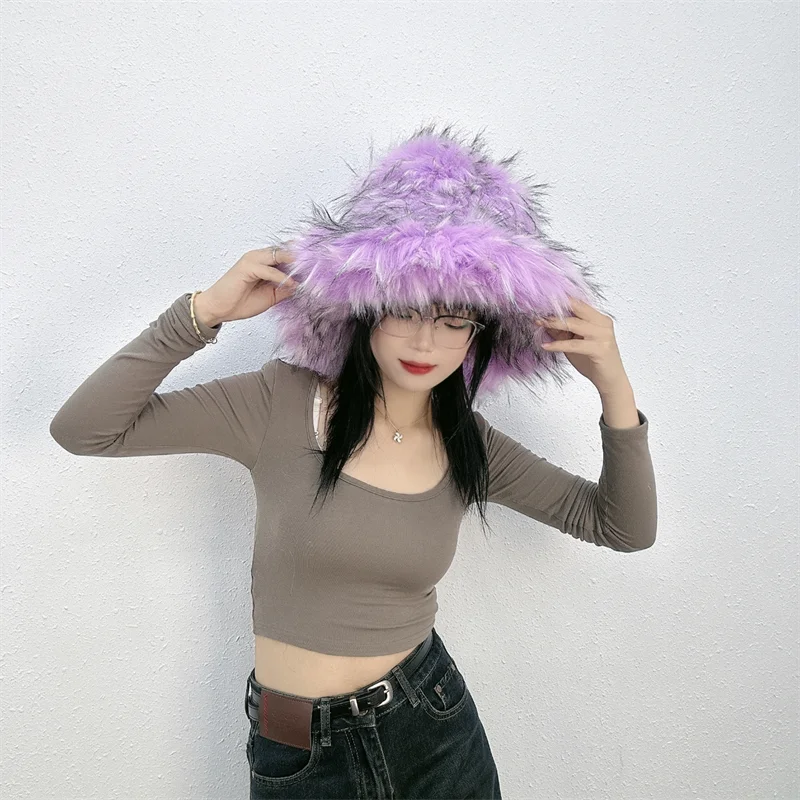 KIMLUD, Winter Women Faux Fur Bucket Hat Warm Raccoon Fur Hat Oversize Outdoor Punk Hat Girl Fashion Long Fur Bucket Hat Furry Cute Cap, KIMLUD Womens Clothes