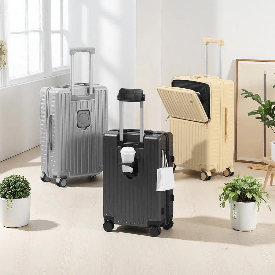 Independent Front Open Luggage Multi-functional Suitcase ABS+PC Cup Holder And Hidden Phone Stand Smooth Universal Wheel 20" 24"
