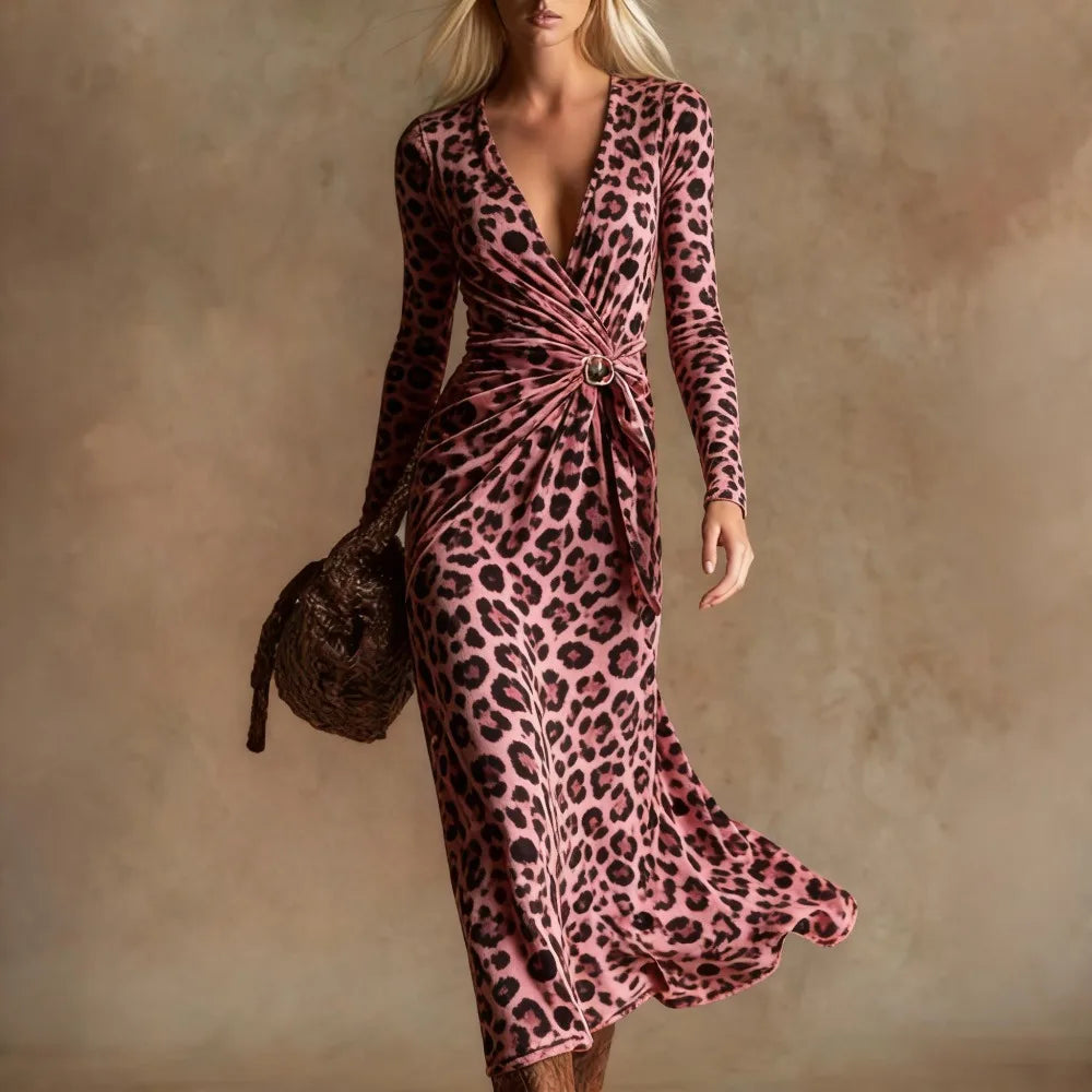Leopard Print Maxi Dress – Twist Front – Polyester – Leopard | KIMLUD
