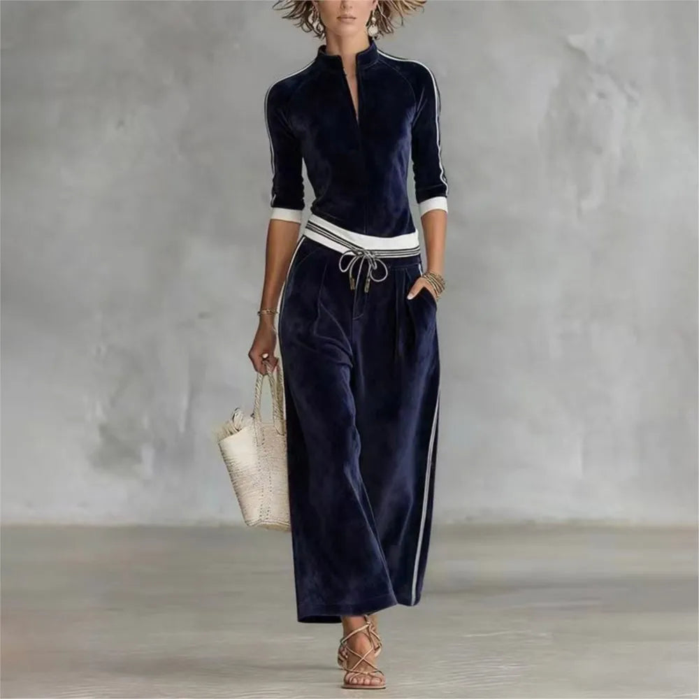 Velvet Color-Blocked Striped Stand-Collar Top and Wide-Leg Trousers Two-Piece Set — Navy | KIMLUD