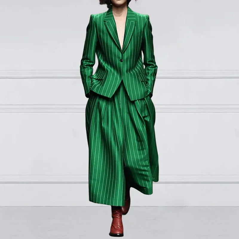 Two-Piece Striped Blazer and Wide-Leg Pant Suit – Blended | KIMLUD