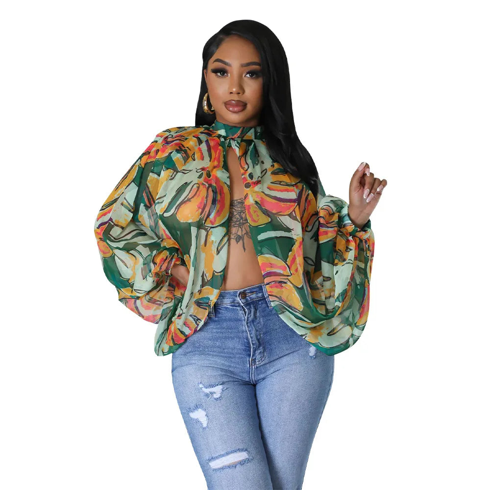 Women See Through Sheer Chiffon Blouse Sexy Front Back Open High Neck Self Tie Shawl Casual Shirts Y2K Night Club Party Tops