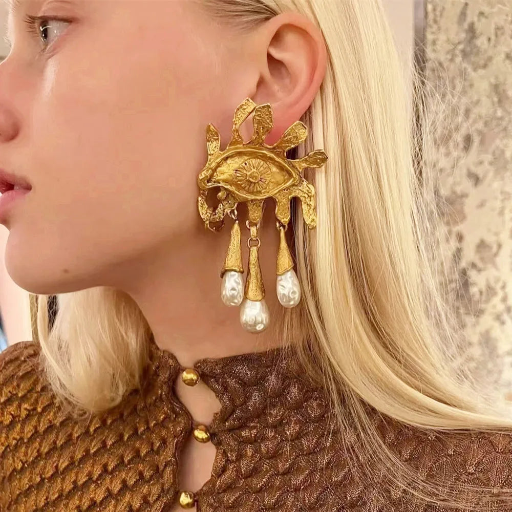 Gold-Plated Metal Alloy Eyes Dangle Earrings — Gold | KIMLUD