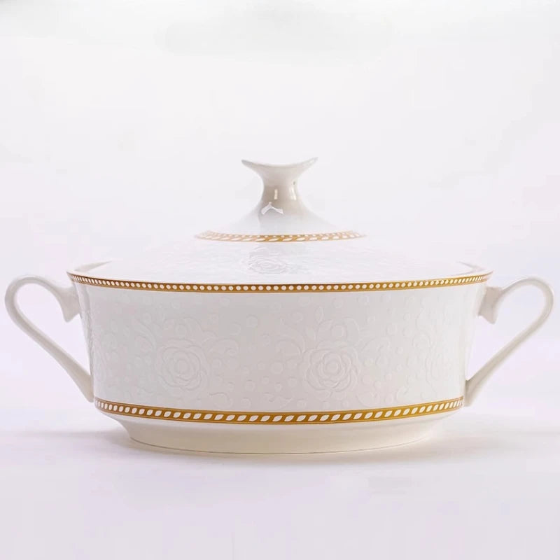Bone China Bowl With Relief Rose And Gold Trim — White | KIMLUD