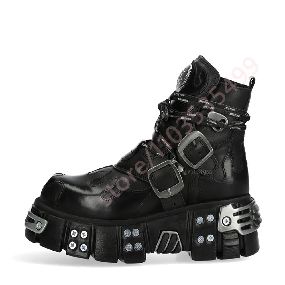 Ankle Boots - Metal Studded - Black Lace-Up Buckled Punk Rock | KIMLUD