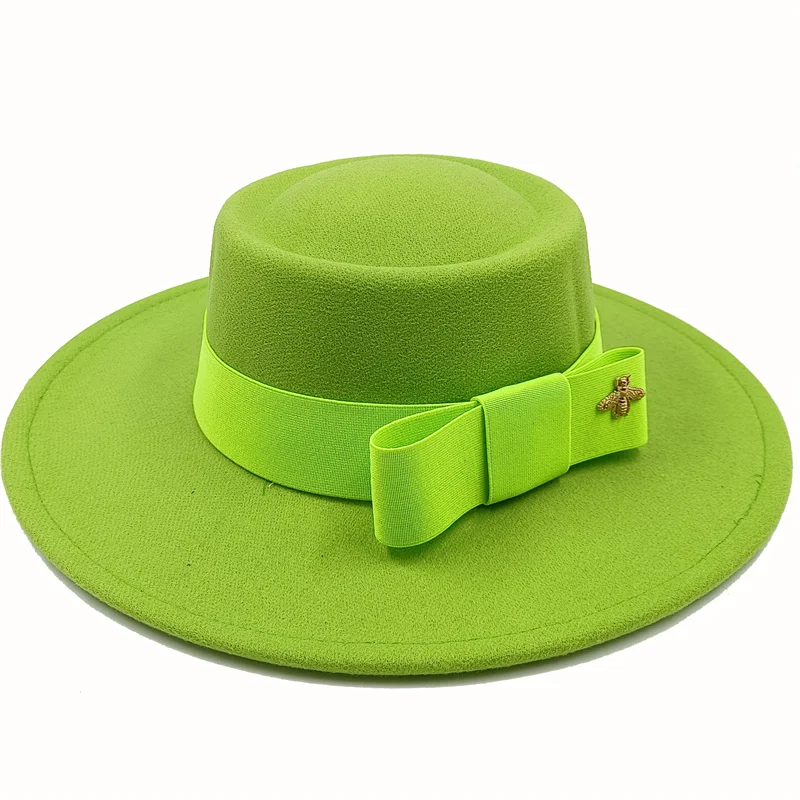 Wholesale Fedora hats Winter round concave convex surface flat top bow elastic ribbon men&#39;s and women&#39;s felt jazz hats Fedora - KIMLUD