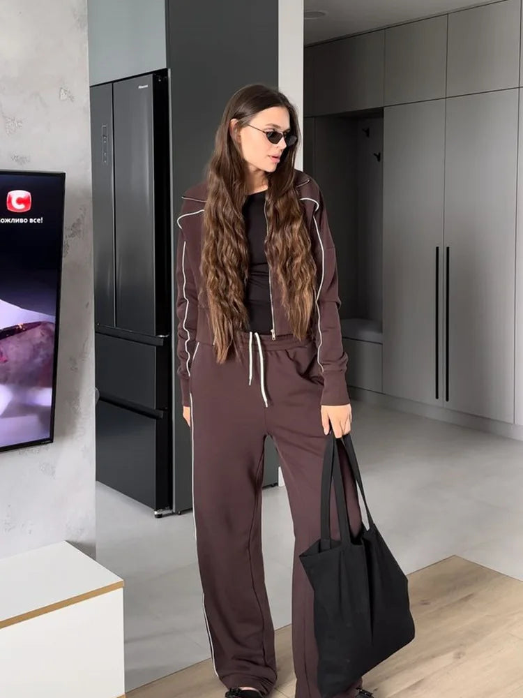 Soft Knit Two Piece Set Striped Zip Hoodie With Piping On Sleeves And Wide-Leg Elastic Pants — Charcoal Gray | KIMLUD