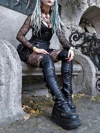 Over-the-Knee Boots – Gothic Wedge Platform – PU | KIMLUD