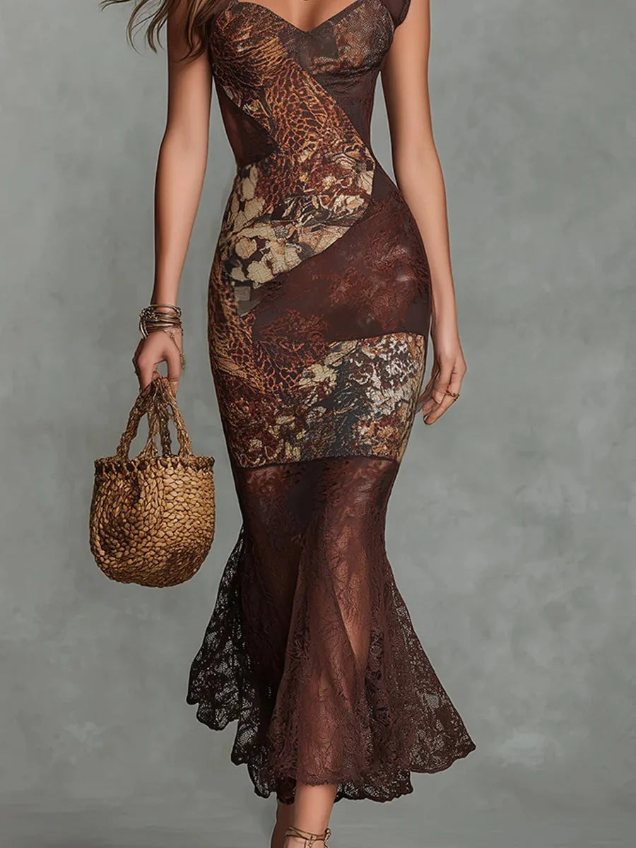 Woman Leopard Print Low-Neck Sleeveless2026 Digital Printed Sleeveless Splicing Square Collar Lace Slimming Elegant Dress