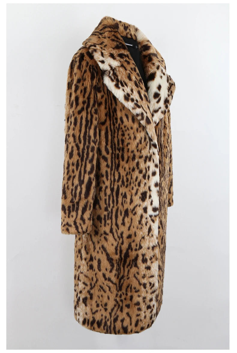 Nerazzurri Winter Long Loose Luxury Thick Warm Soft Fluffy Leopard Print Faux Fur Coat Women Lapel Runway European Fashion 2022