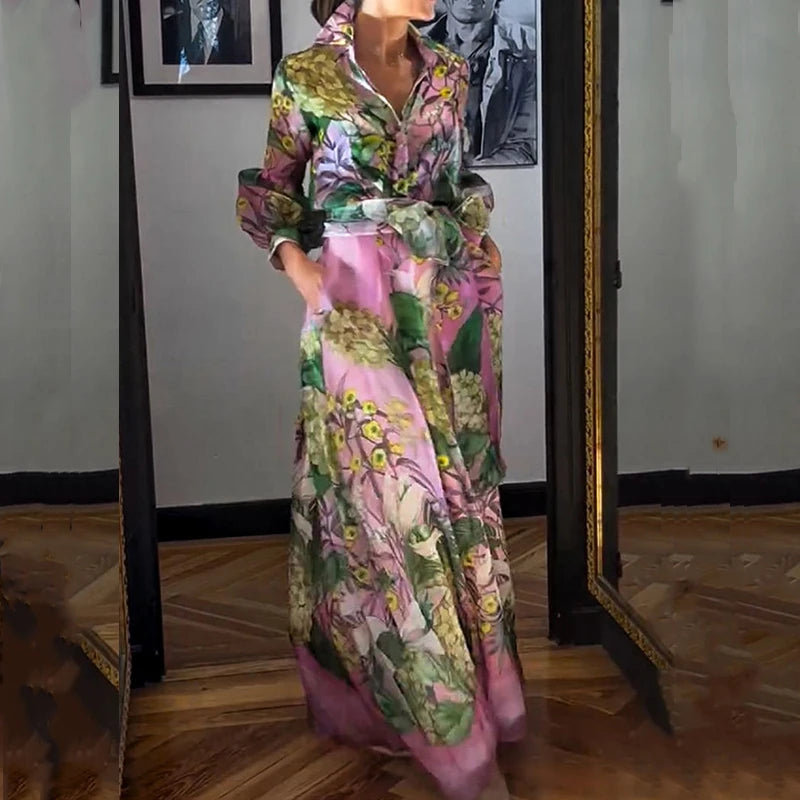 KIMLUD, Casual Lapel Lantern Sleeve Shirt + Long Skirt Suit 2024 Fashion Lace Up Party Outfit Elegant Pattern Print Autumn 2 Piece Sets, 01 Print / S, KIMLUD APPAREL - Womens Clothes