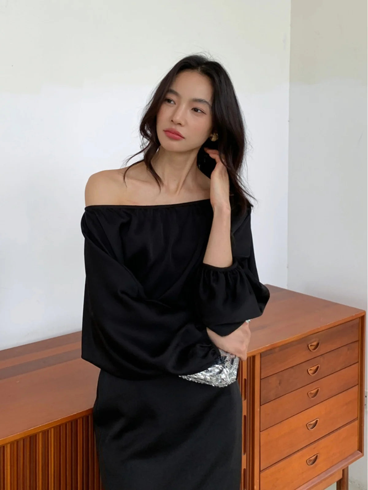ALONE SAVOR Dragon Joy Summer Slimming Women's Dr oulder Bared Bubble Sve  ort Sve Polyester Fiber