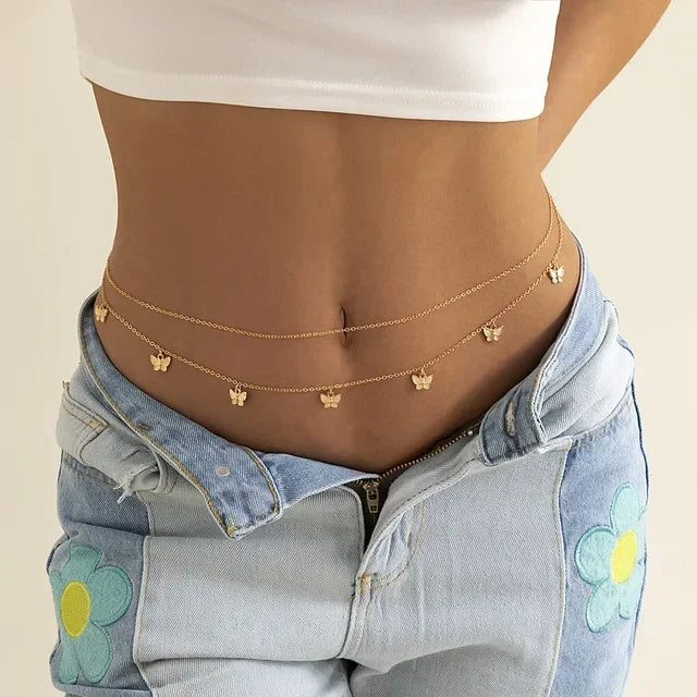 Gold-Tone Double-Layer Belly Chain With Colorful Stones — Multicolor | KIMLUD