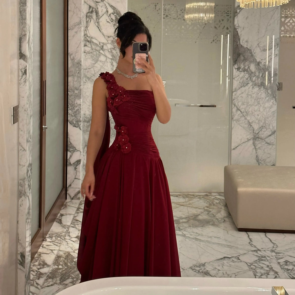 One Shoulder Evening Dress – 3D Floral Appliques – Burgundy | KIMLUD