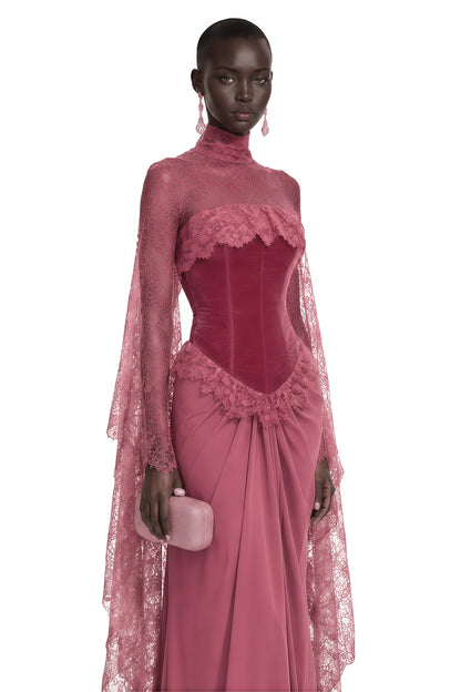 Mermaid Prom Dress – High Neck Lace – Mermaid Silhouette – Dusty Rose | KIMLUD