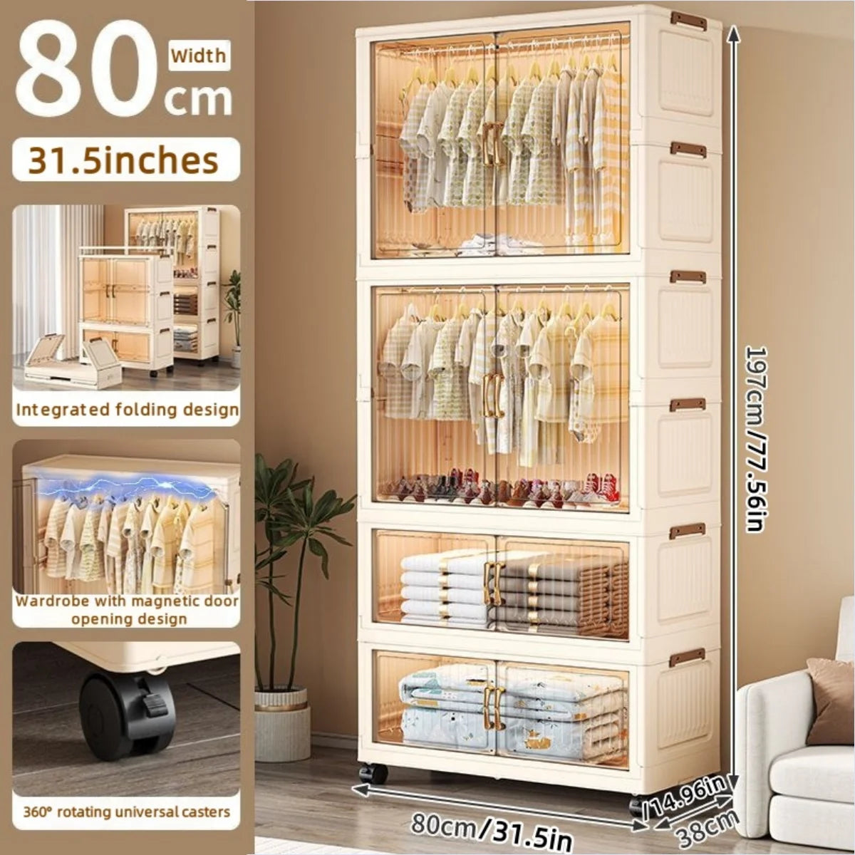 80cm no-installation folding storage cabinet, bedroom children's wardrobe, multi-layer storage box with wheels