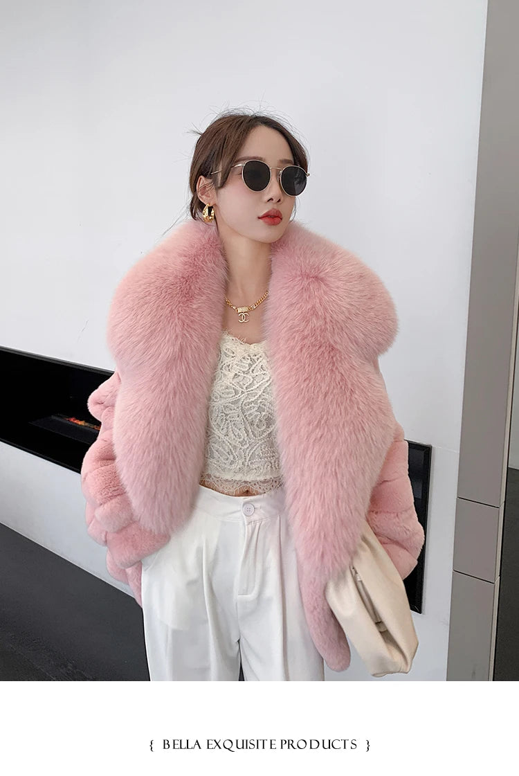 Rex Rabbit Fur Coat – Fox Fur Collar – Chinchilla Color | KIMLUD