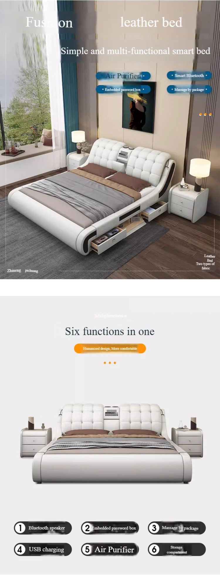 Genuine Leather Upholstered Electric Massage Bed King Size With Storage And Gas Lift — Custom Color | KIMLUD