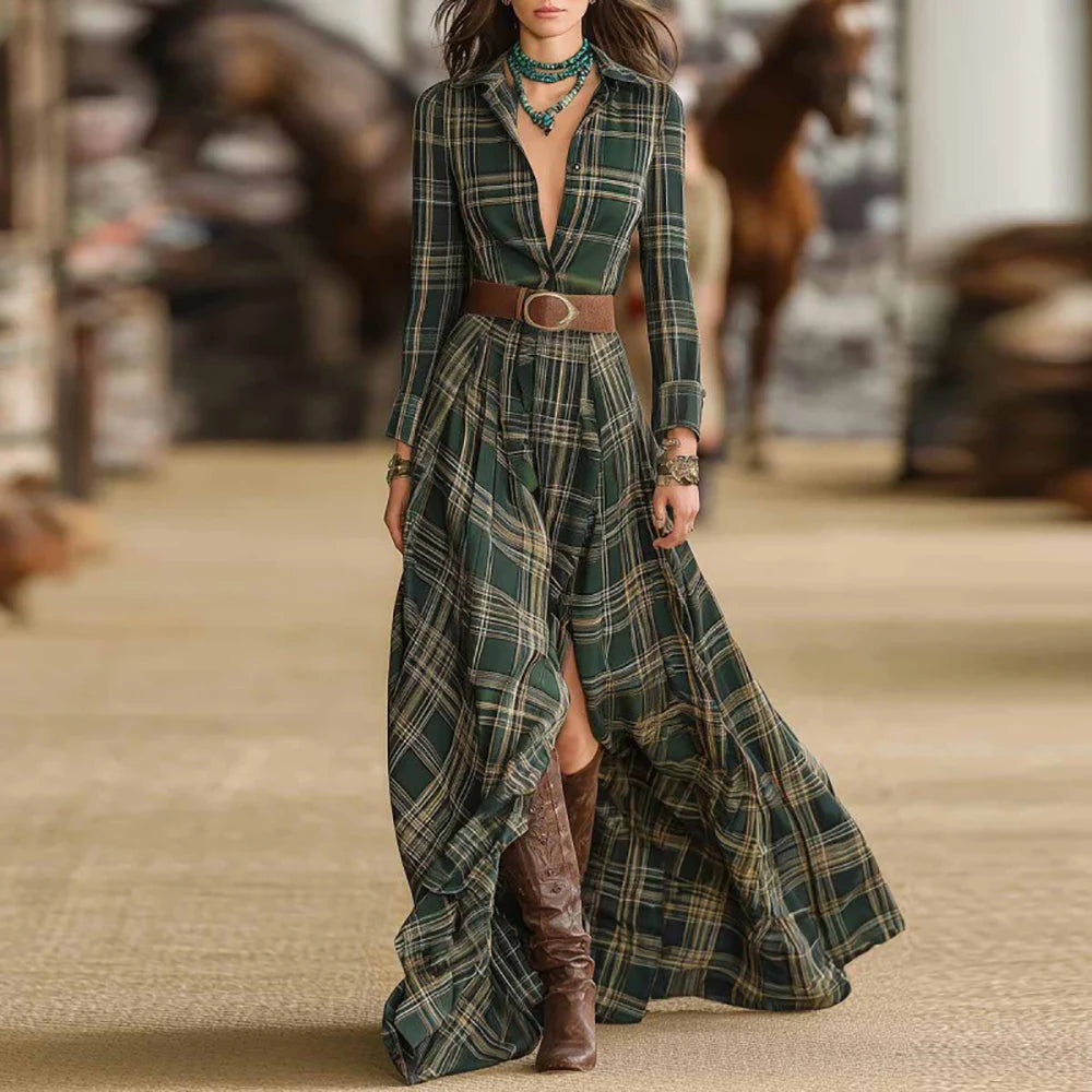 Elegant Western Vintage Plaid Women Shirt Dress Single-breasted Lapel Long Sleeve Maxi Robe A-Line Autumn Long Dresses Vestidos