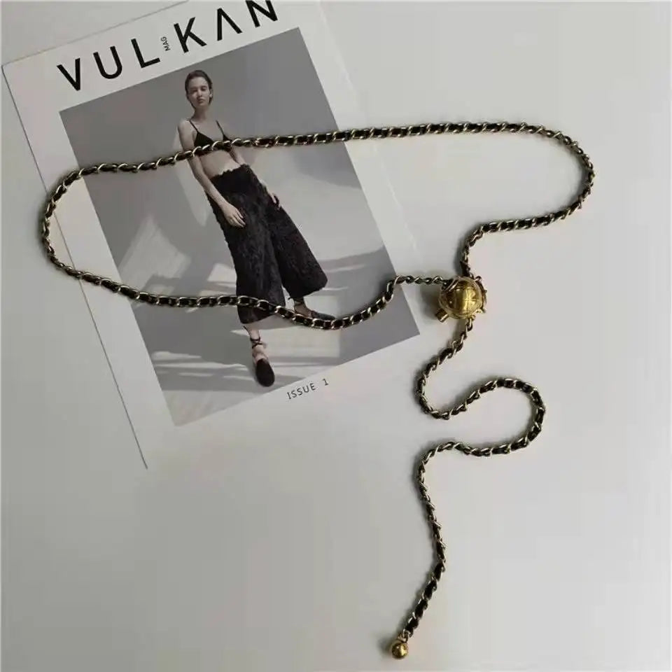 Metal Waist Chain Belt Chain Link Detail — Gold Tone | KIMLUD