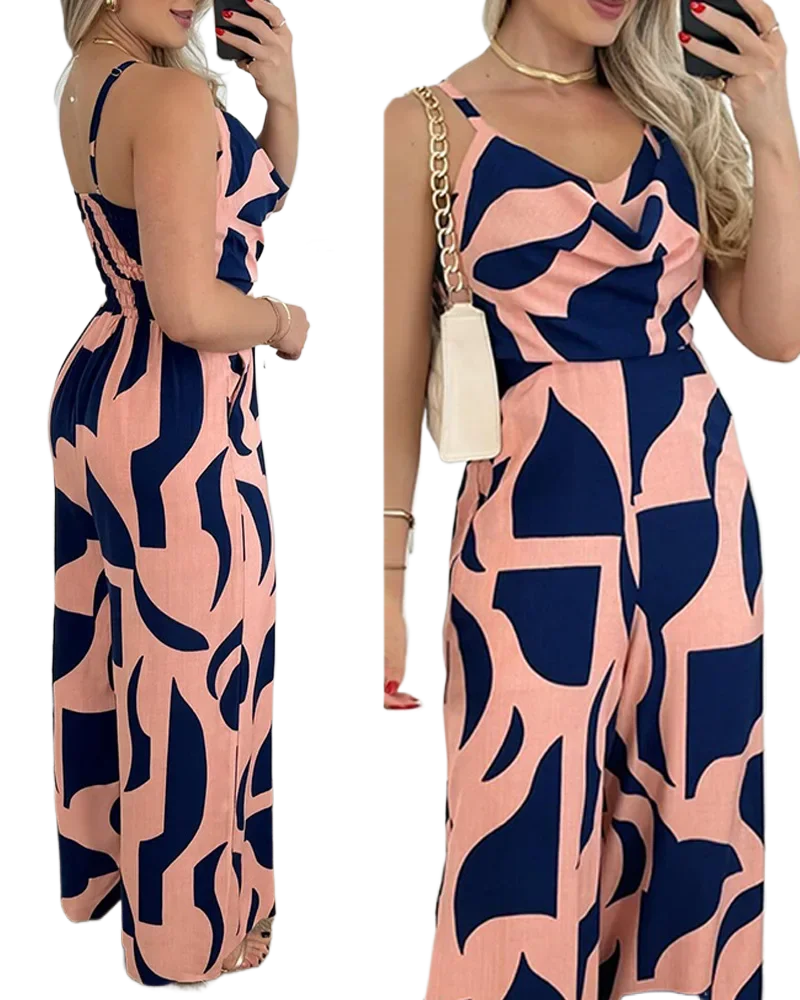 Women Sexy Spaghetti Strap Print Backless Wide Leg Jumpsuits - KIMLUD