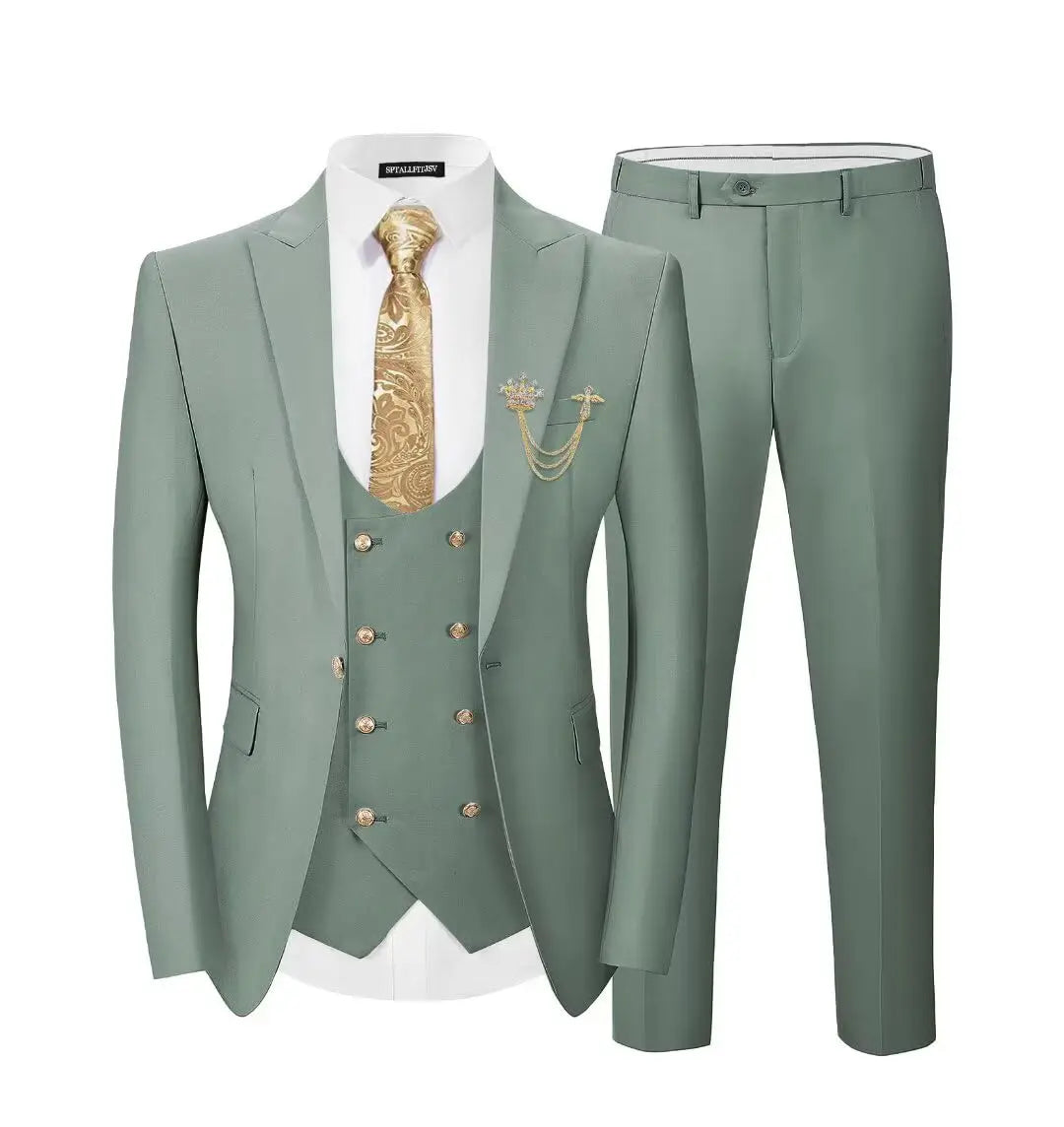 Men's 3-Piece Suit Set Classic One Gold Button Slim Fit Blazer Vest Pants Formal Business Wedding Wear