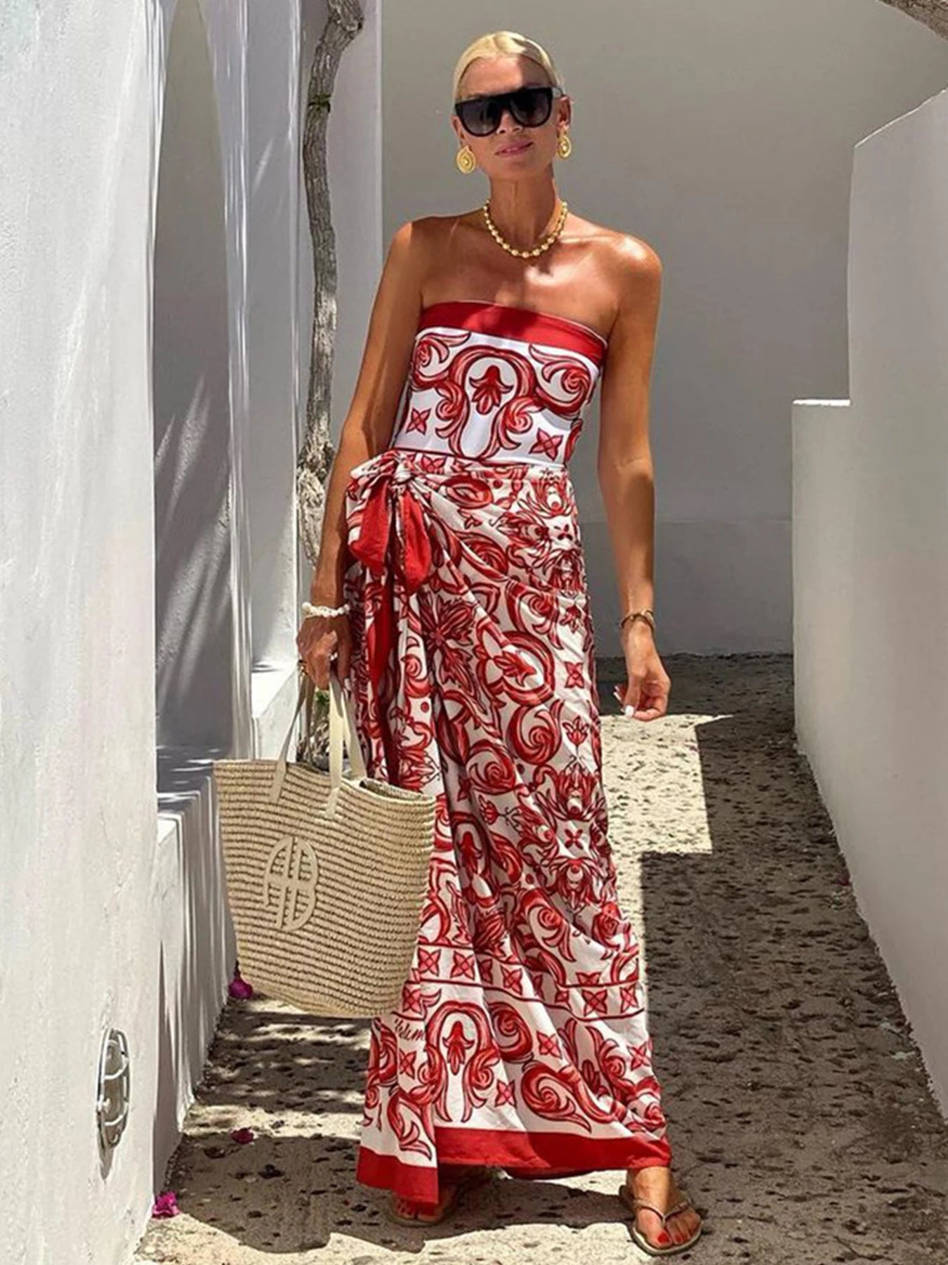 Ethnic Print High Waist One Piece Swimsuit — Red | KIMLUD