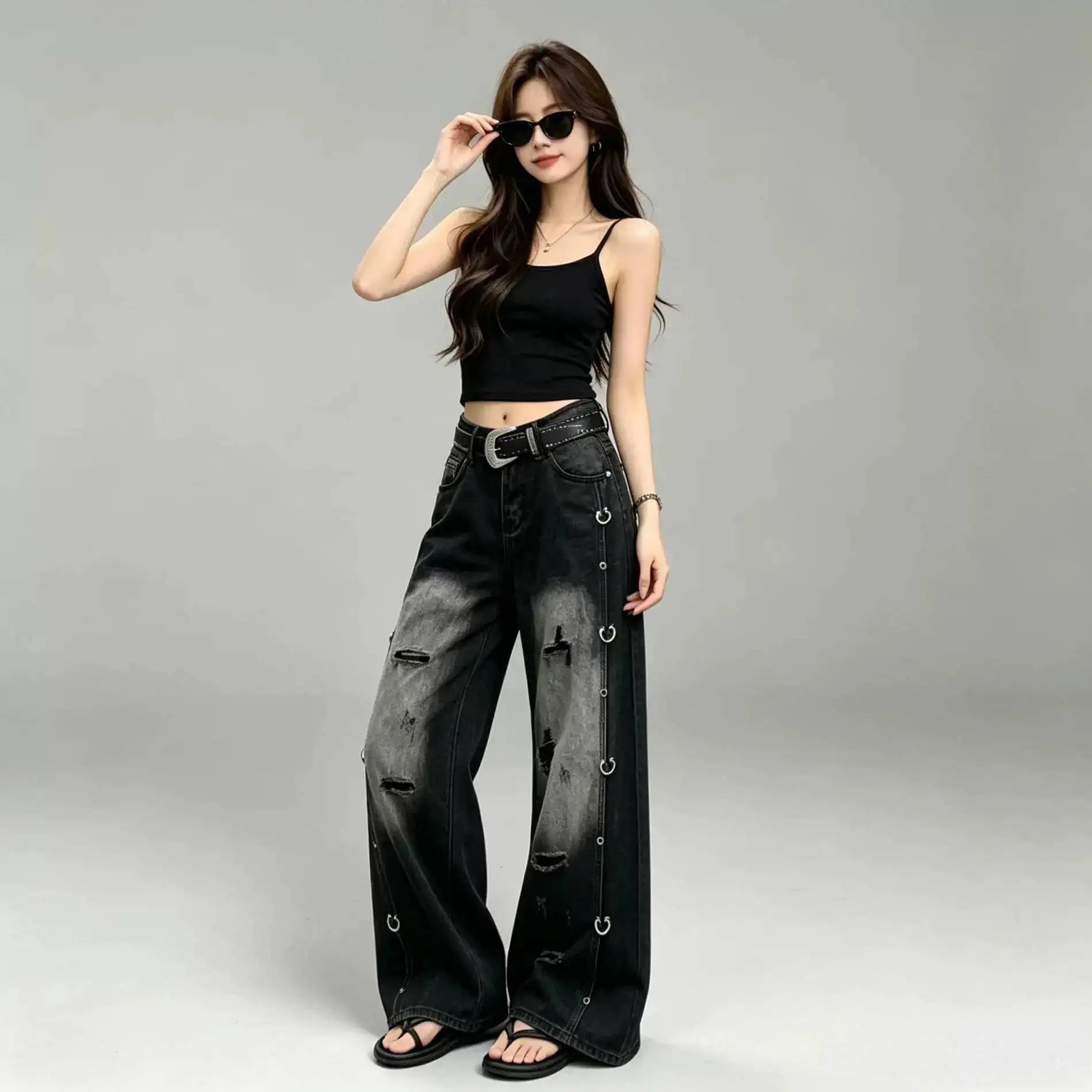 Rivet Washed Pants And Leggings Denim Wide Leg — Indigo | KIMLUD