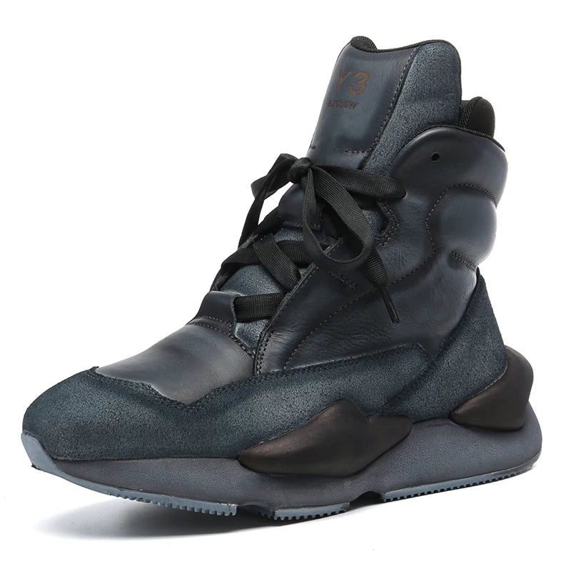 Unisex High-top Sneaker Boots Navy Blue Outdoor Casual Boots Calf Leather Mens' Trainers Leather Women Sneakers Oversized 35-46
