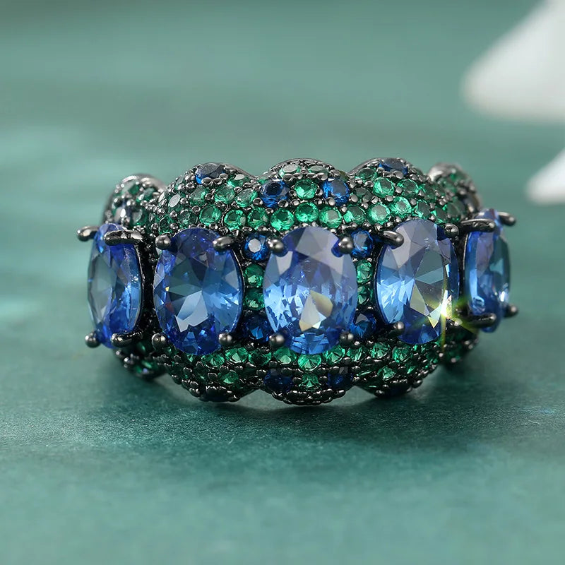 Luxury Inlaid Green Blue CZ Women's Ring Creativity Black Color Geometry Daily Wear Party Jewelry Anniversary Gift