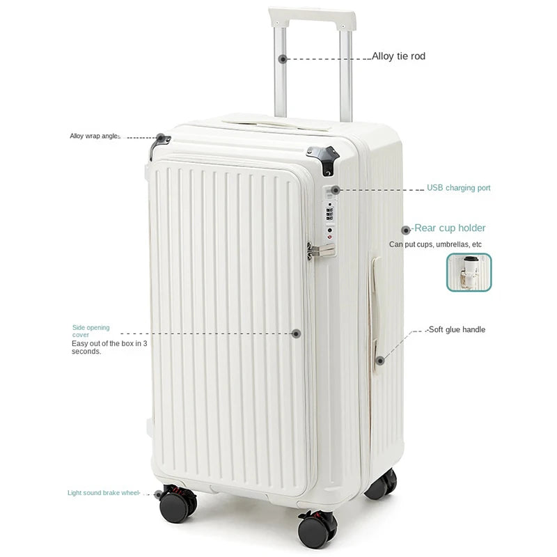 2025 New Side Opening Suitcase PC Large Capacity Luggage with USB Cup Holder 34 inch Password Trolley Case 20" Travel Suitcases