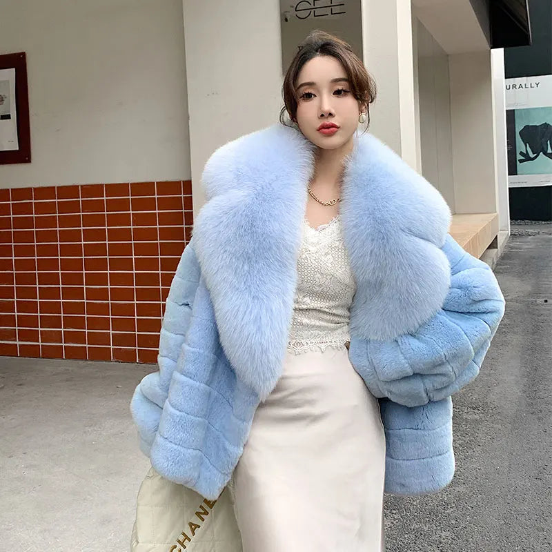 Rex Rabbit Fur Coat – Fox Fur Collar – Chinchilla Color | KIMLUD