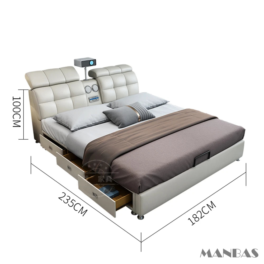Genuine Leather Bed Frame Smart Multifunctional Tech — Ivory | KIMLUD