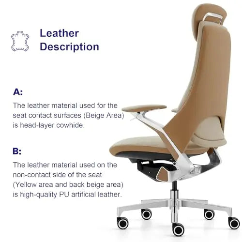 Genuine Leather Executive Office Chair，Top-Grain Cowhide, Ergonomic Design | Adjustable seat and rest heights