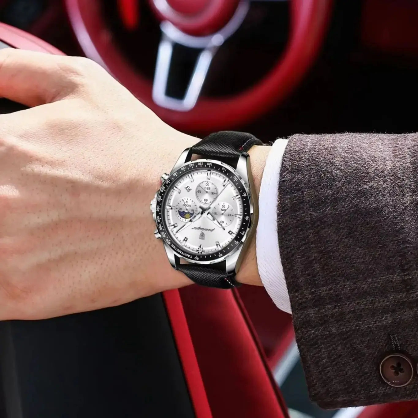 Leather Watch Chronograph Luminous Hands Date Waterproof 3ATM Sport Casual — Silver | KIMLUD