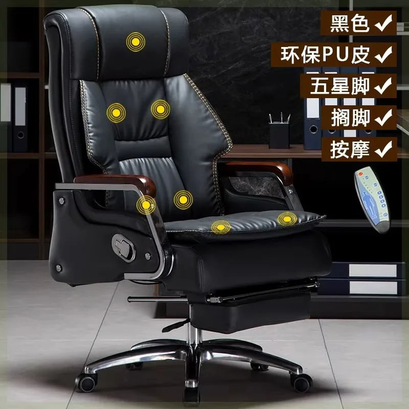 Full-Grain Leather Office Chair Nordic Ergonomic Deluxe Swivel Recliner — Black | KIMLUD