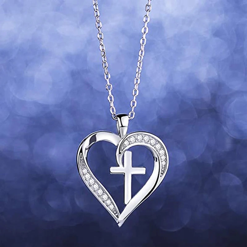 Silver-Tone Necklace Heart Cross Pendant — Silver | KIMLUD
